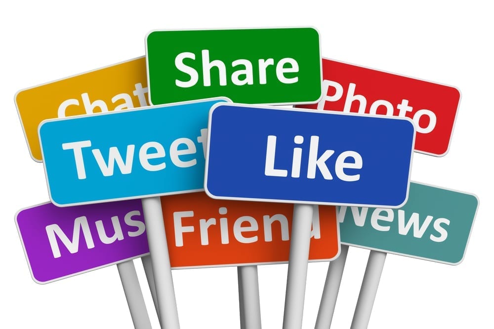 Various signs labelled with social media interactions - chat, share, like tweet etc...