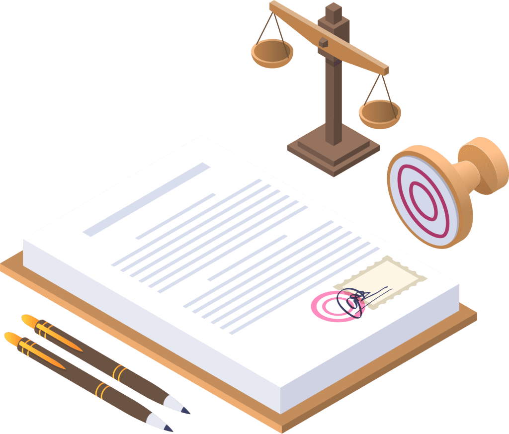 Artwork depicting legal objects, contract, stamp and scales