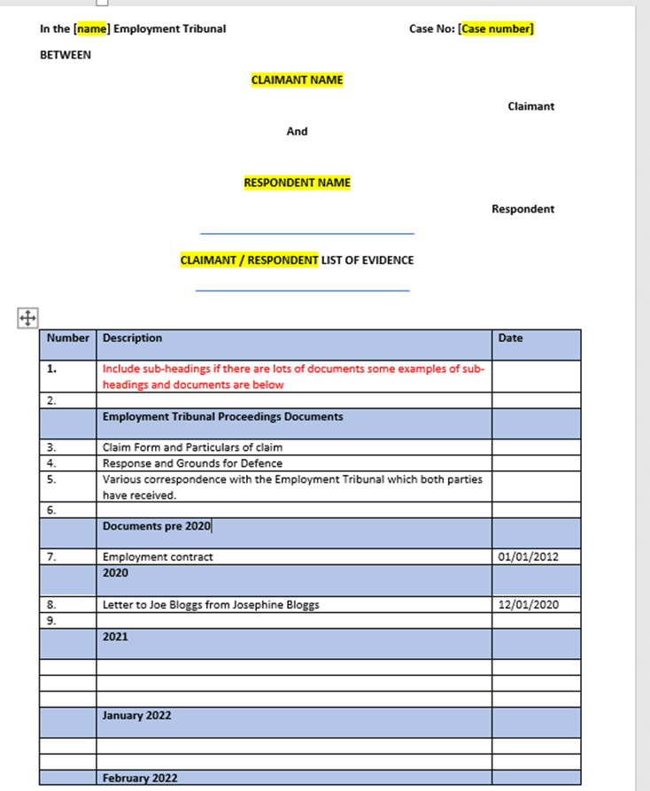 Example of an Employment Tribunal "List of Evidence" document