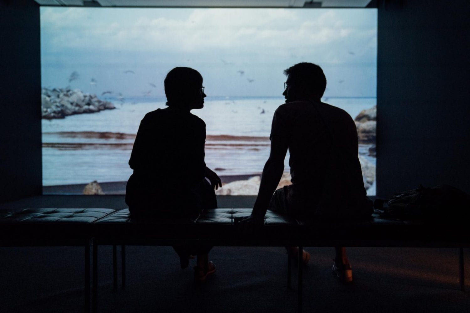 A silhouette of two people having a conversation